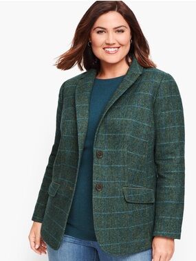 Talbots Shetland Plaid Wool Blend Women’s Blazer Size 20 Green Blue Preppy